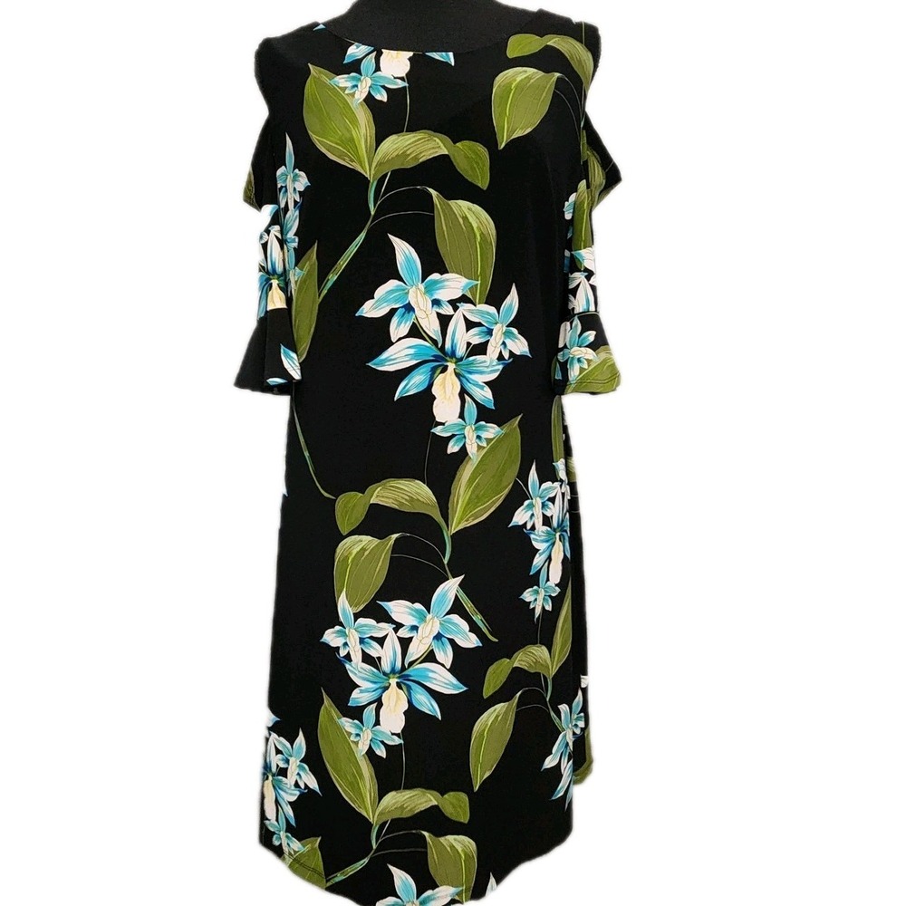 Tommyโ Hilfiger Cold Shoulder Floral Dress SZ 14 Black Green Blue Summer Wedding